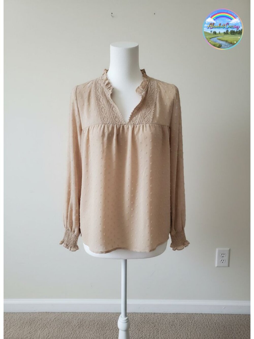 Women Boho V Neck Long Sleeve Swiss Dot Lace Tunic Blouse